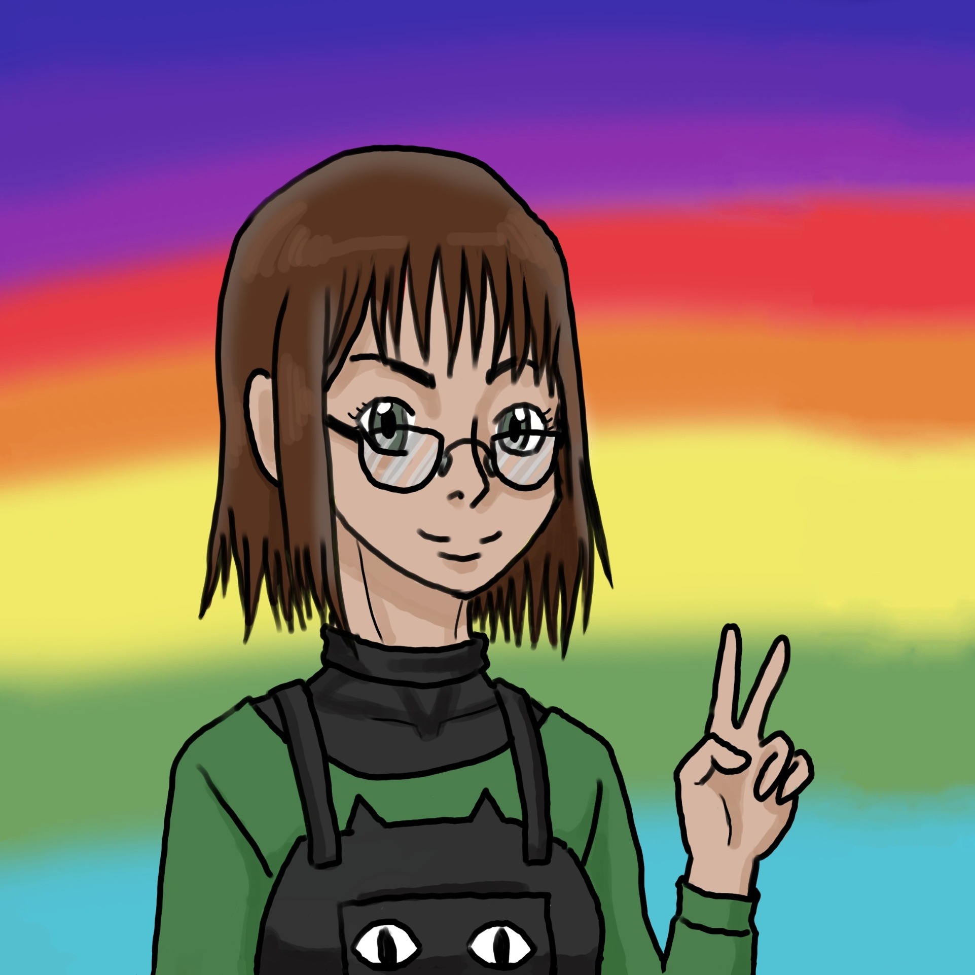 A drawing of Joy on a rainbow background